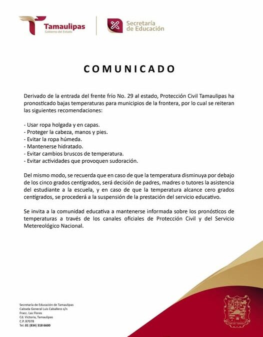 La Secretaria de Educación en Tamaulipas informa que la asistencia a clases queda a consideración de los padres de familia.