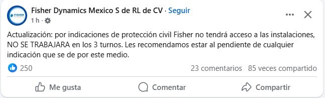 No habrá trabajo en Fisher Dynamics en los 3 turnos hasta nuevo aviso por el siniestro suscitado el día de hoy viernes.