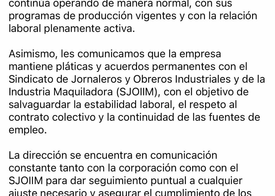 TRICO COMPONENTES MATAMOROS ASEGURA OPERACIONES NORMALES