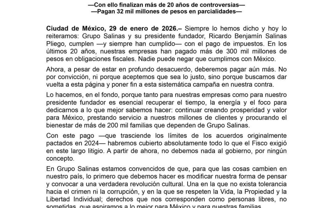 Ricardo Salinas le paga al SAT e informa que ya no le debe nada al gobierno.