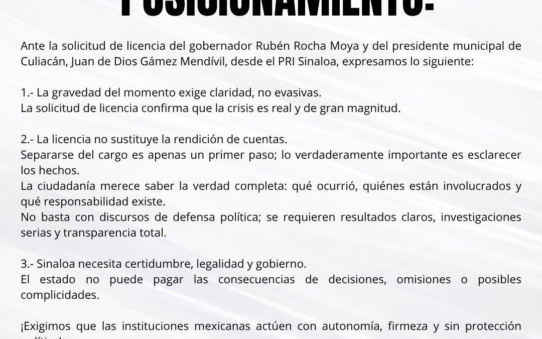 El PRI se pronuncia ante la solicitud de licencia del gobernador de Sinaloa, Rubén Rocha Moya