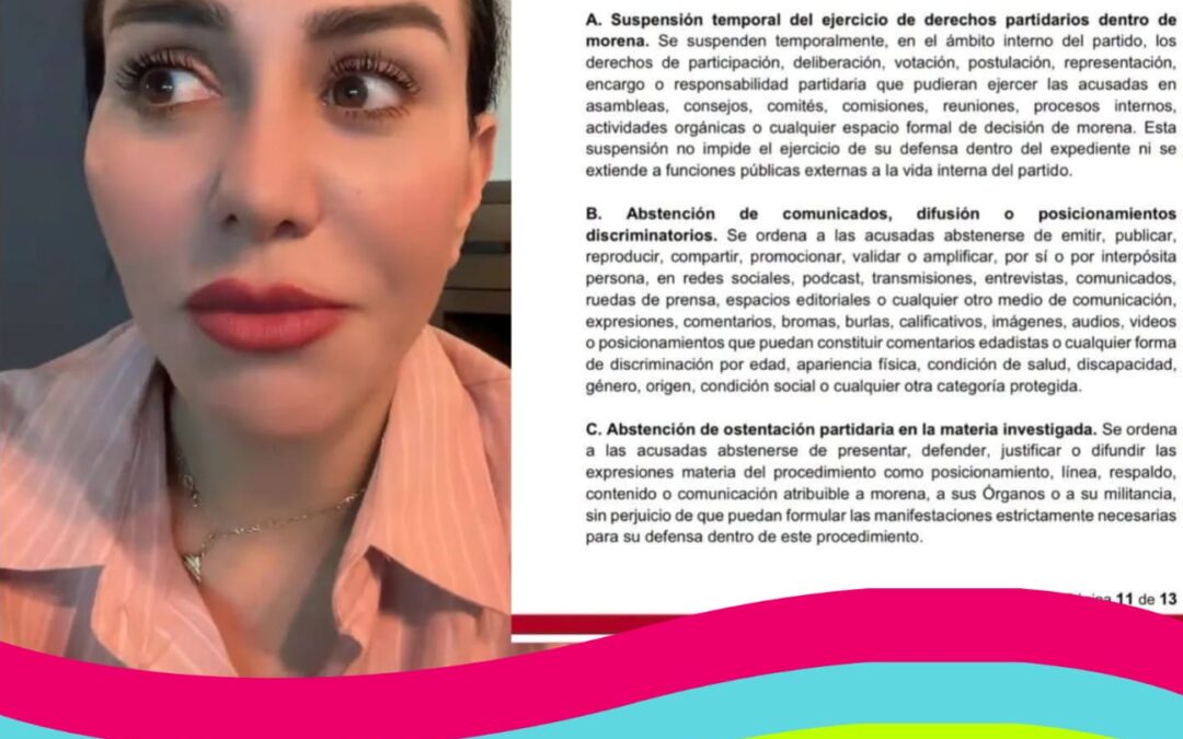 Morena suspende los derechos a Nay Salvatori por comentarios hacia adultos mayores.
